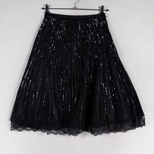 Solitaire Ravi Khosla Midi Skirt Sz Medium Black Sequin Lace Trim Glam Soft Goth